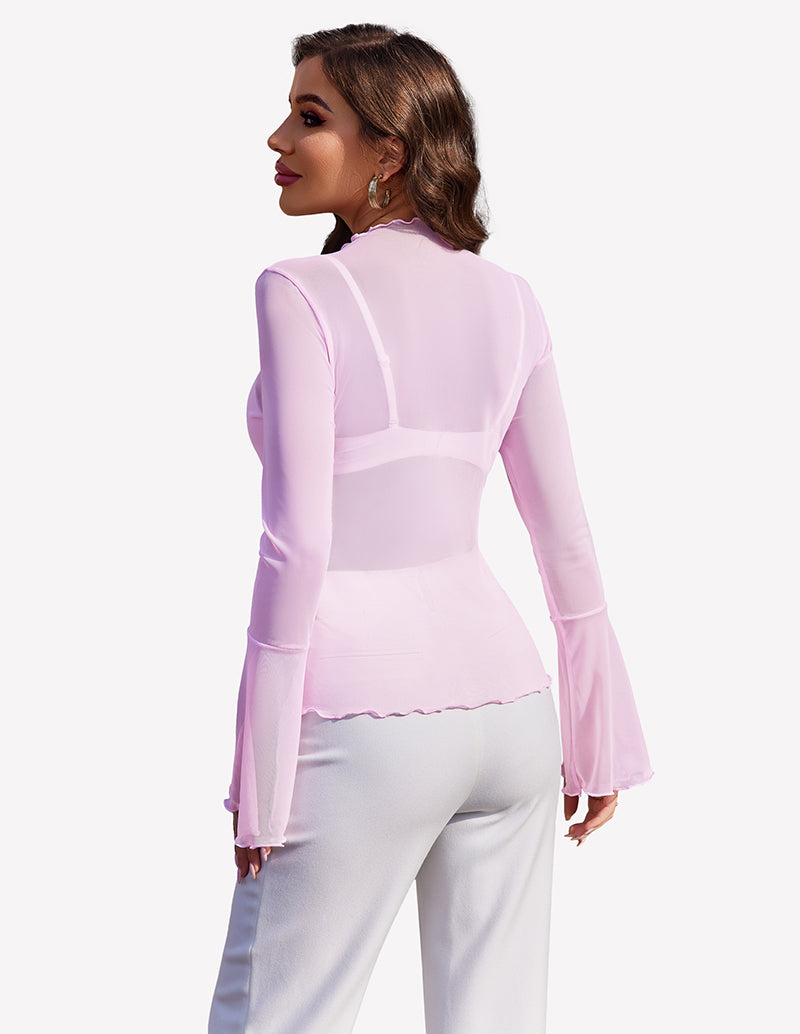 Mesh Tops Long Bell Sleeve Blouses