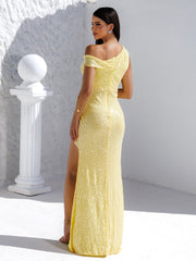 Sleeveless Yellow Sequin High Split Dress