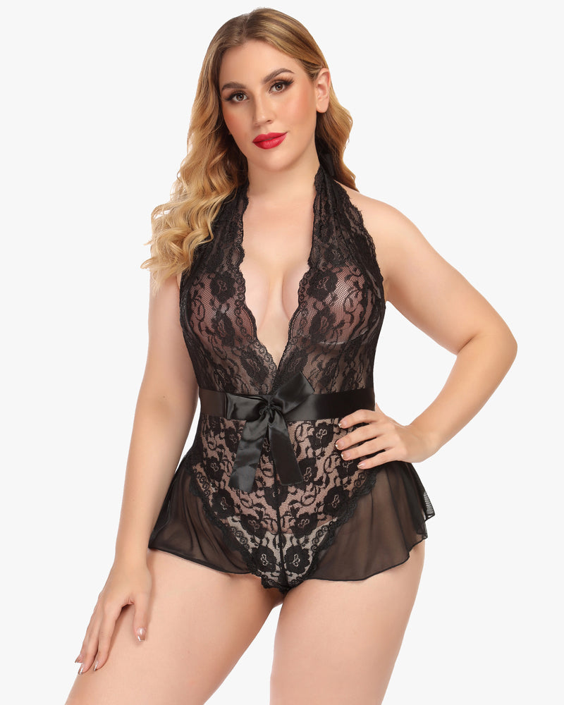 Leopard Lace Halter V Neck Bodysuit