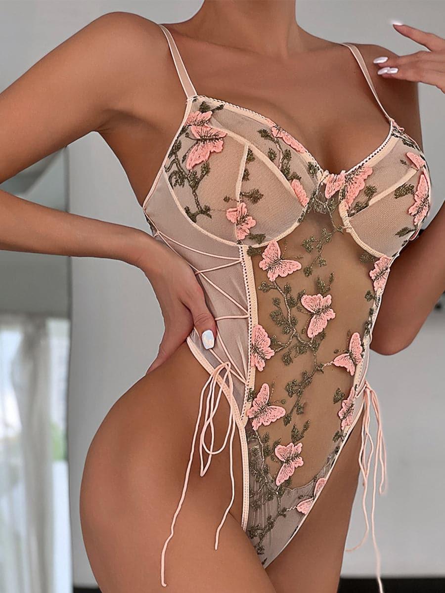 Lace Up Butterfly Embroidery Teddy