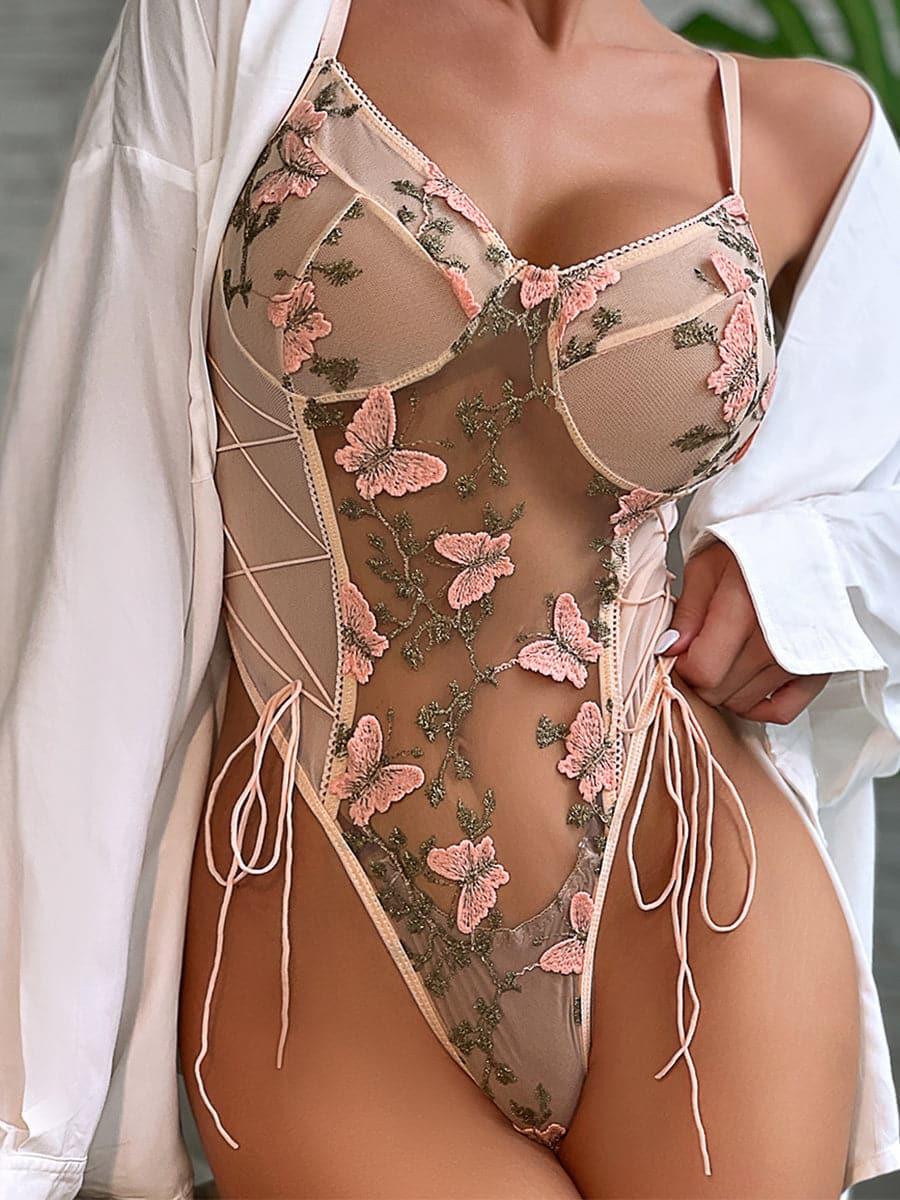 Lace Up Butterfly Embroidery Teddy