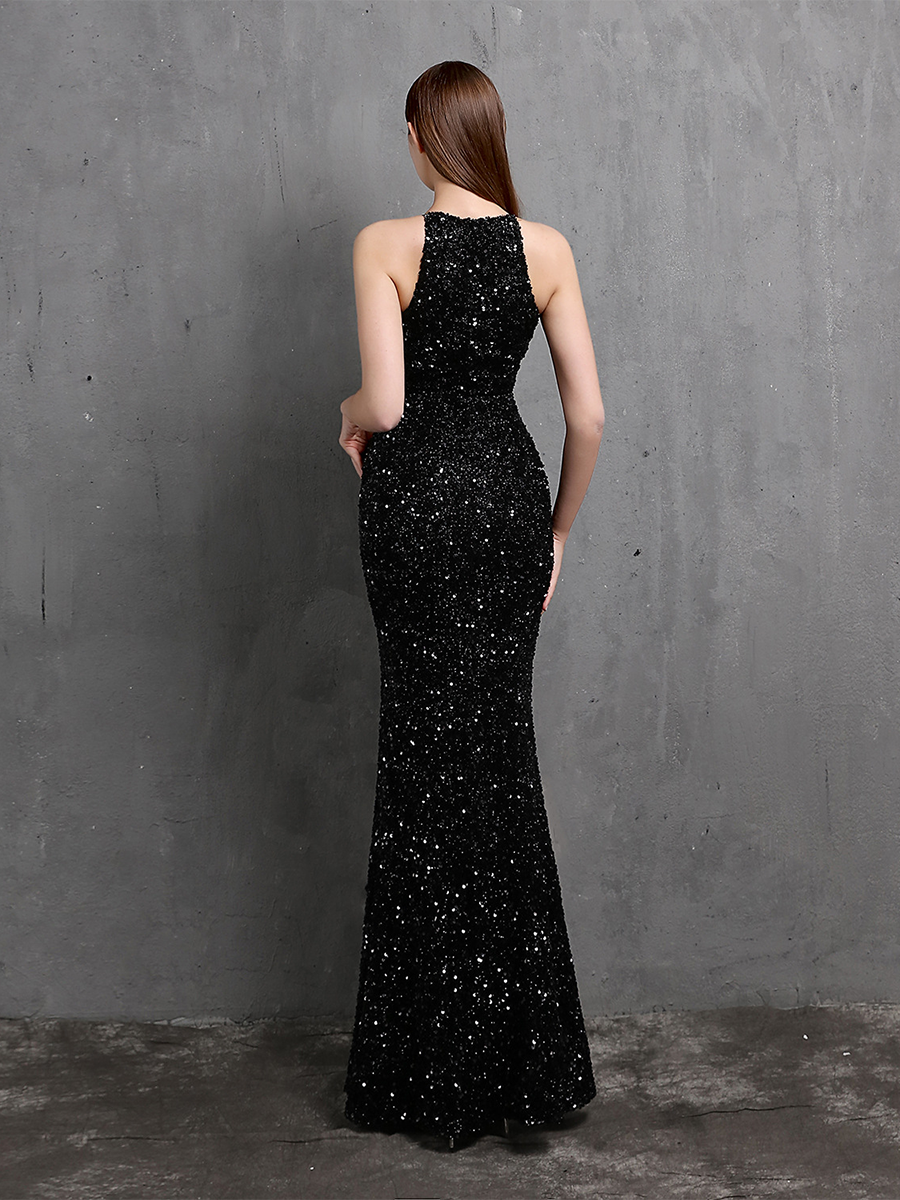 Sexy Cutout Halter Sleeveless Sequin High Slit Prom Dress