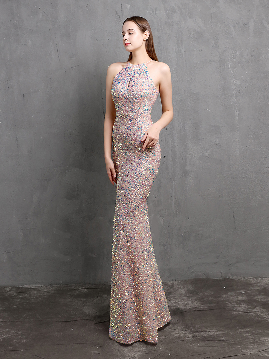 Sexy Cutout Halter Sleeveless Sequin High Slit Prom Dress