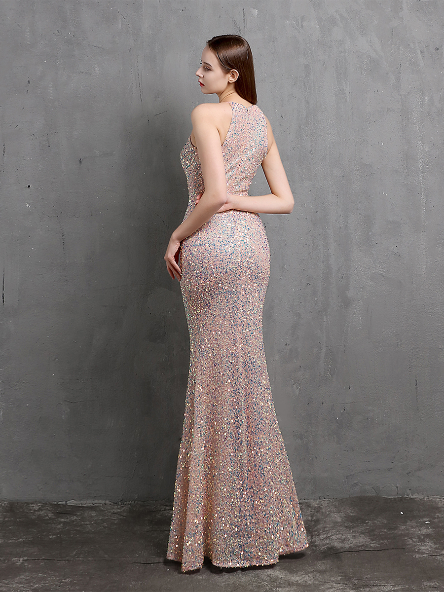 Sexy Cutout Halter Sleeveless Sequin High Slit Prom Dress