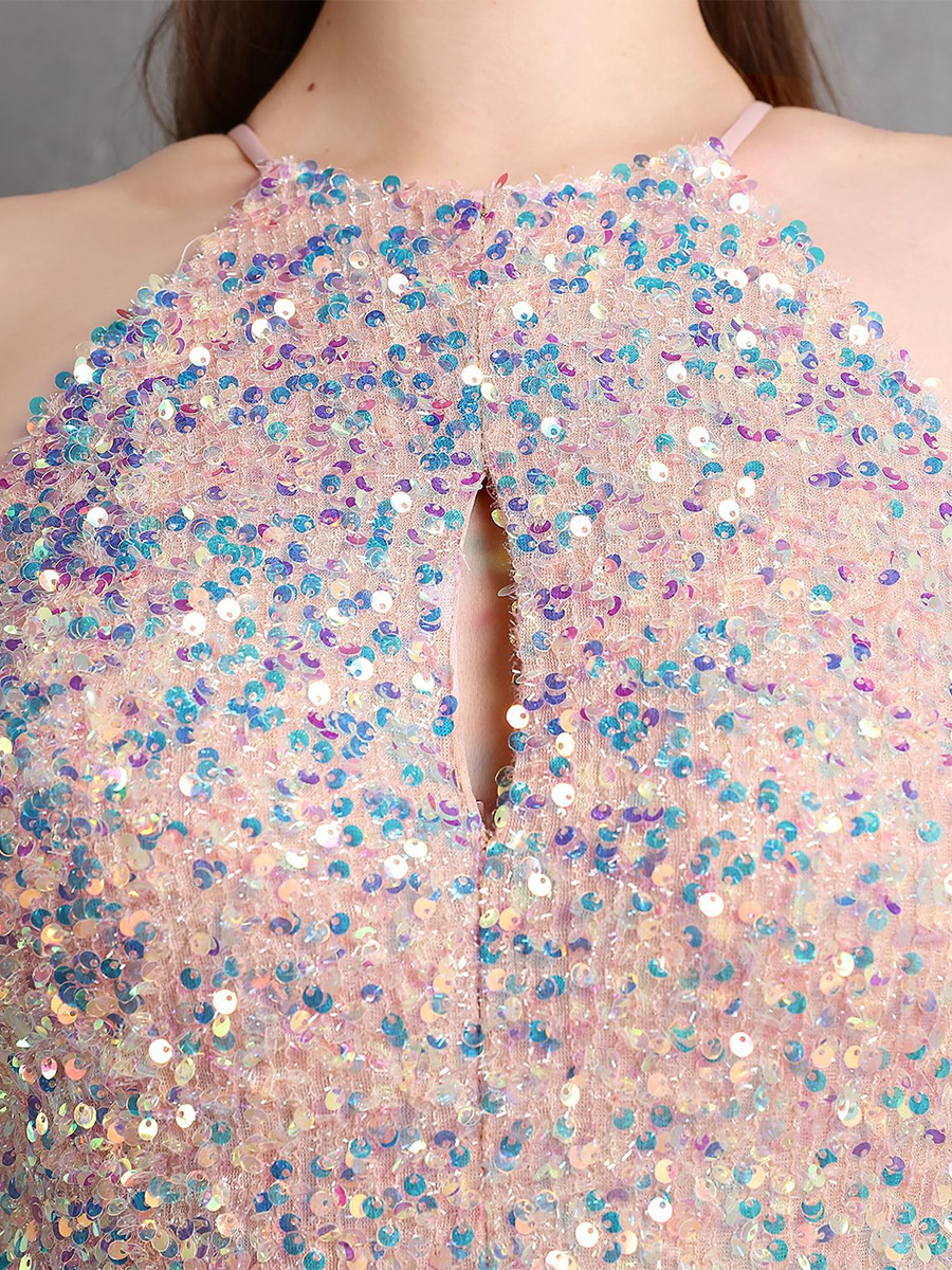 Sexy Cutout Halter Sleeveless Sequin High Slit Prom Dress