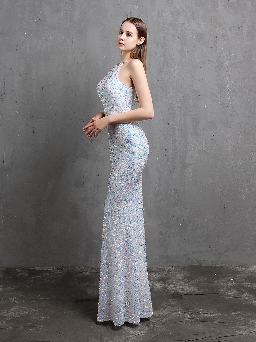 Sexy Cutout Halter Sleeveless Sequin High Slit Prom Dress