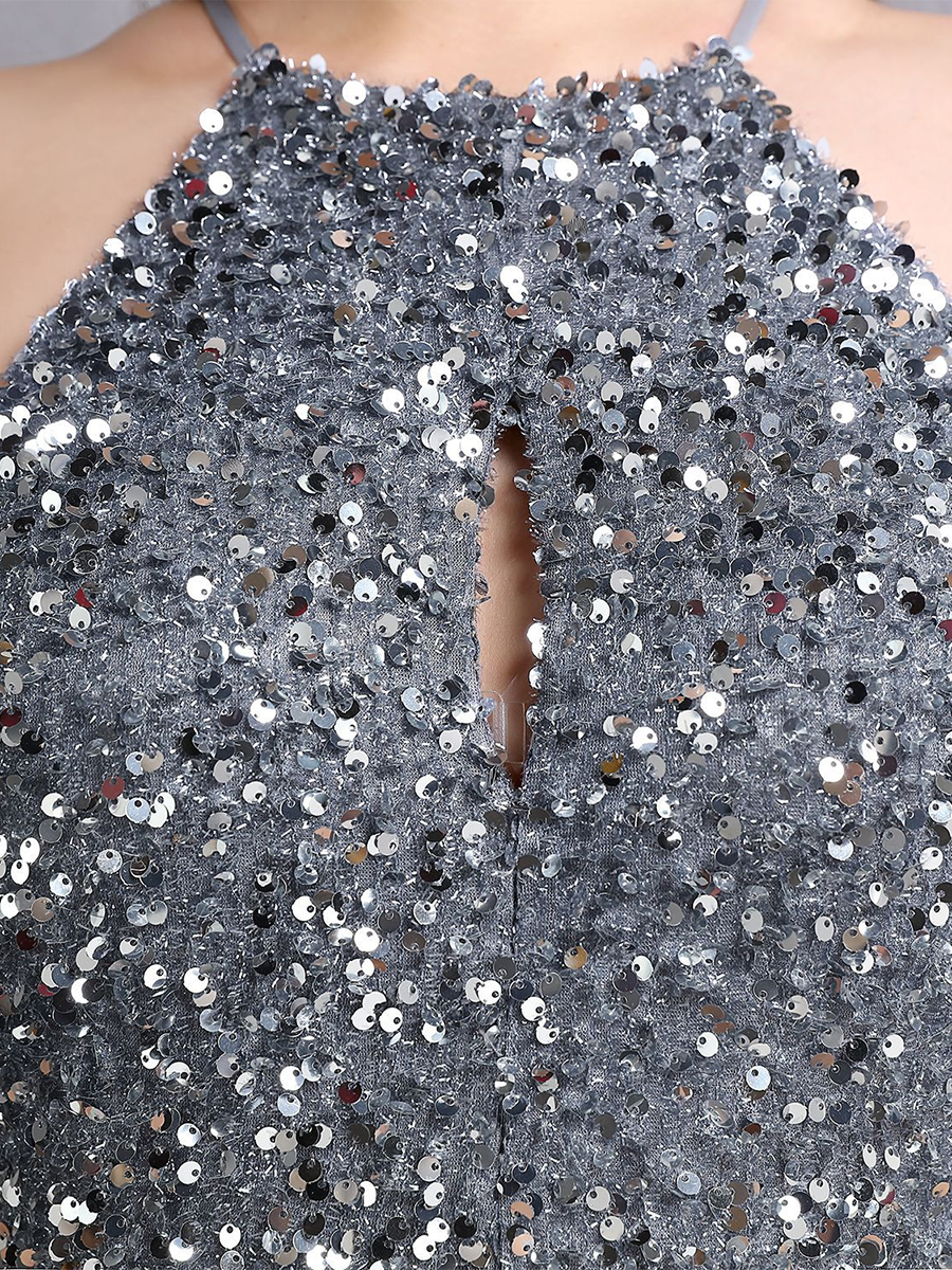 Sexy Cutout Halter Sleeveless Sequin High Slit Prom Dress