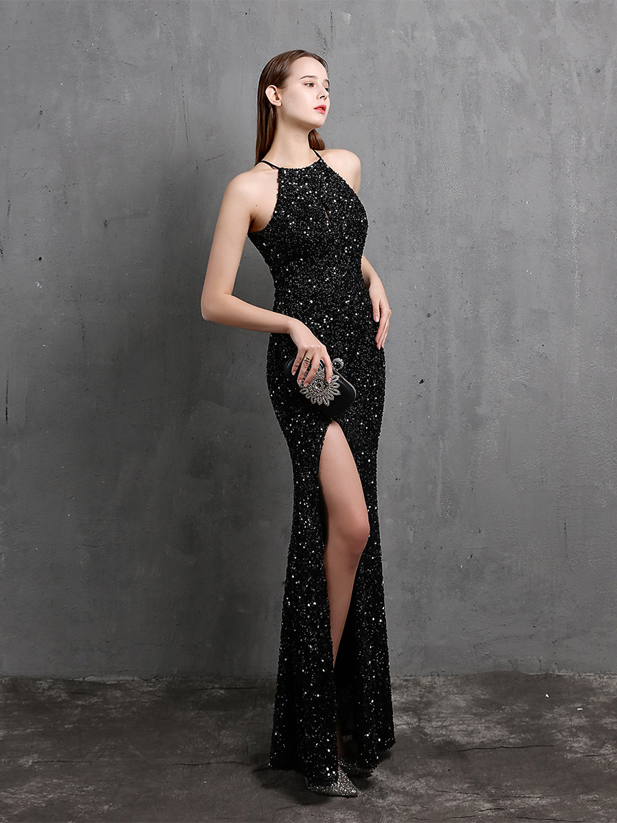 Sexy Cutout Halter Sleeveless Sequin High Slit Prom Dress