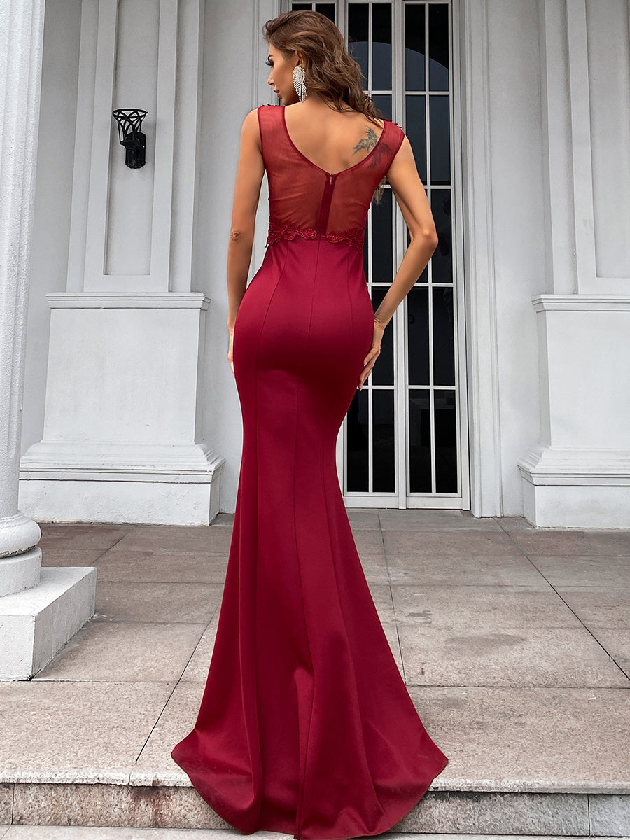 Elegant V-Neck Embroidered Applique Mermaid Evening Gown
