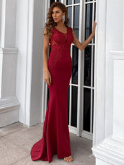 Elegant V-Neck Embroidered Applique Mermaid Evening Gown