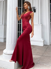 Elegant V-Neck Embroidered Applique Mermaid Evening Gown