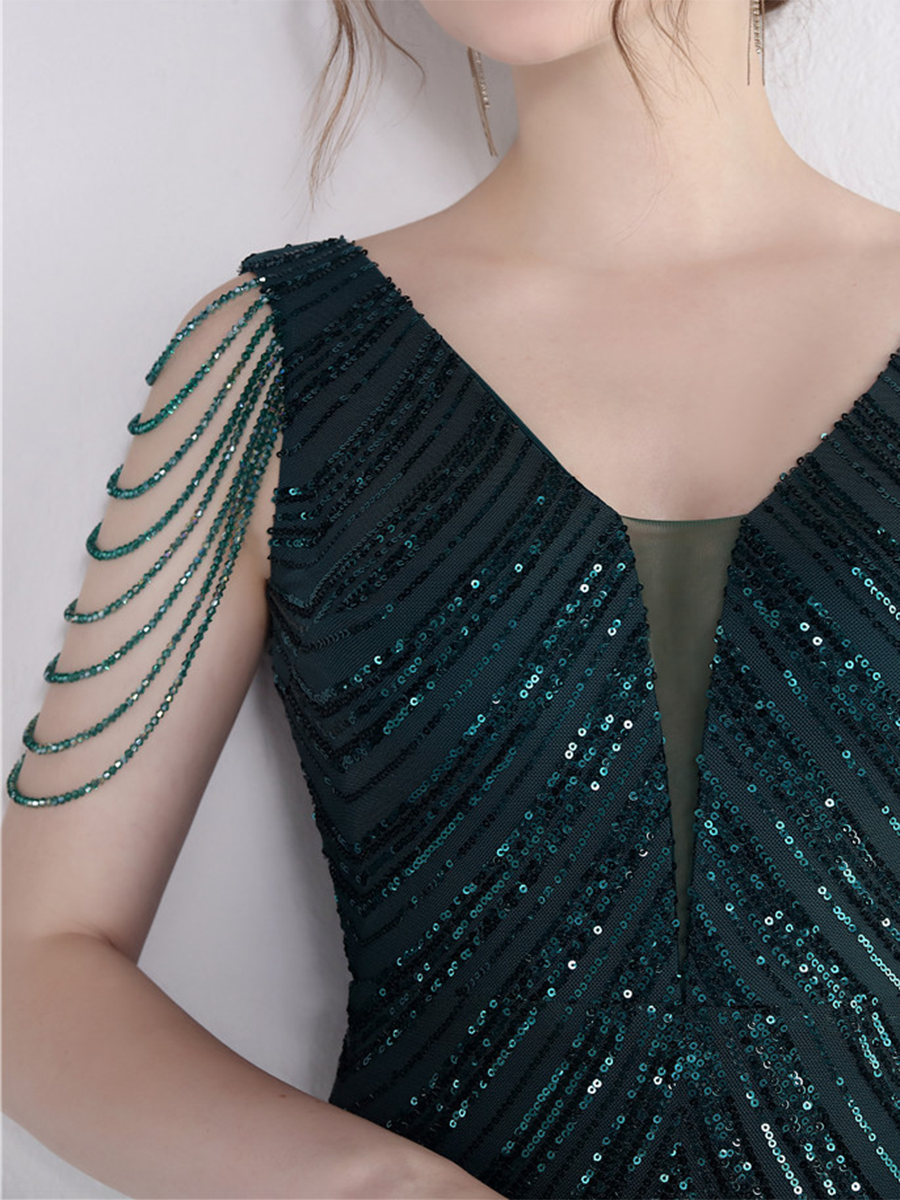 Sleeveless Beads Chain Sequin V-neck Evening Dress