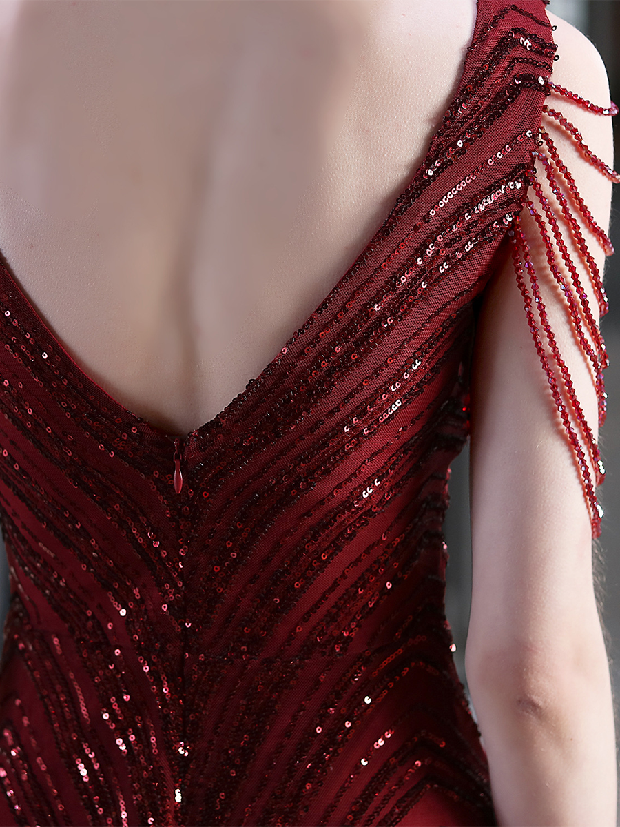 Sleeveless Beads Chain Sequin V-neck Evening Dress