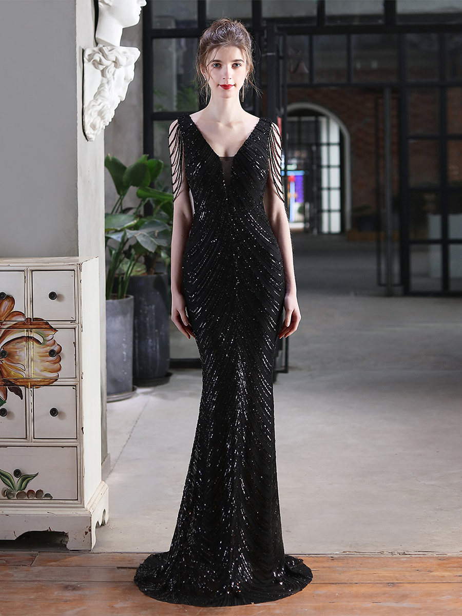 Sleeveless Beads Chain Sequin V-neck Evening Dress