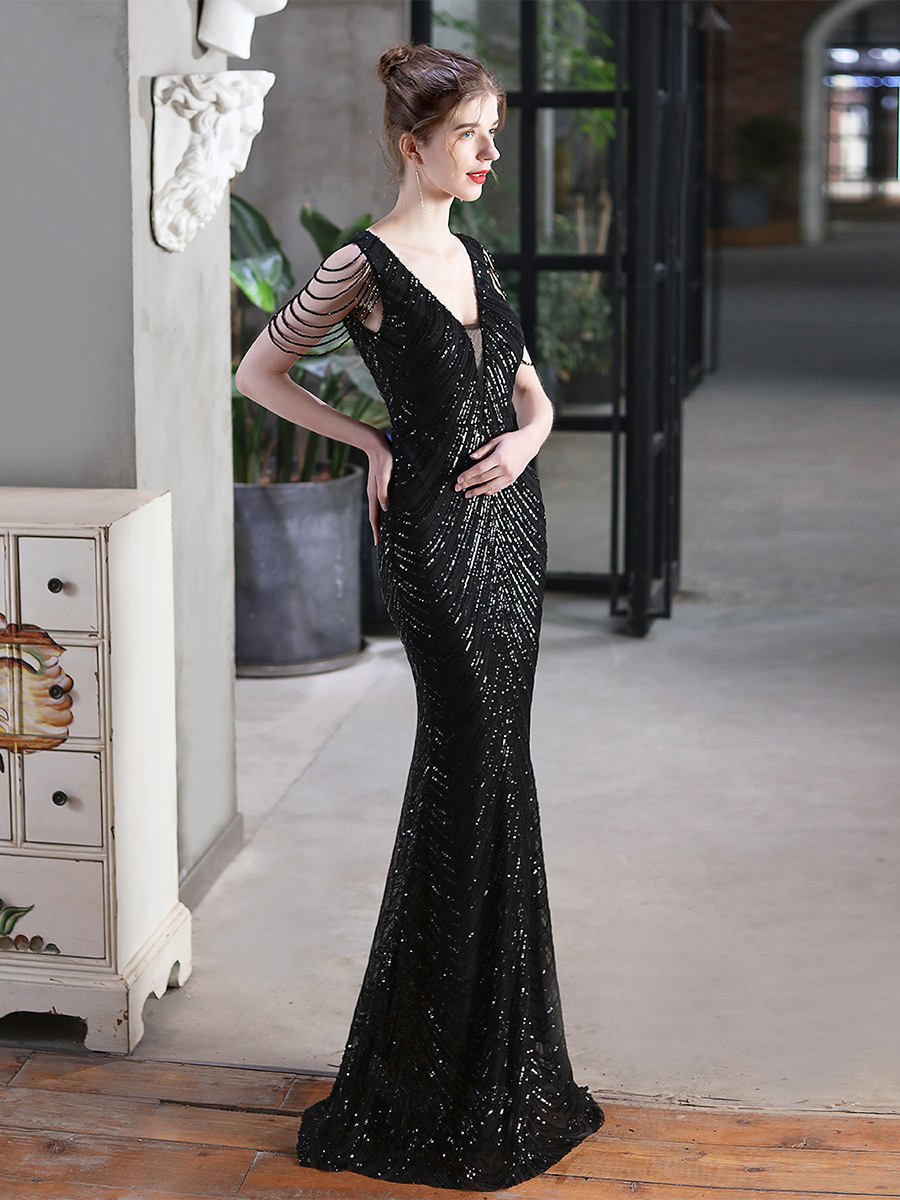 Sleeveless Beads Chain Sequin V-neck Evening Dress