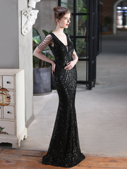 Sleeveless Beads Chain Sequin V-neck Evening Dress