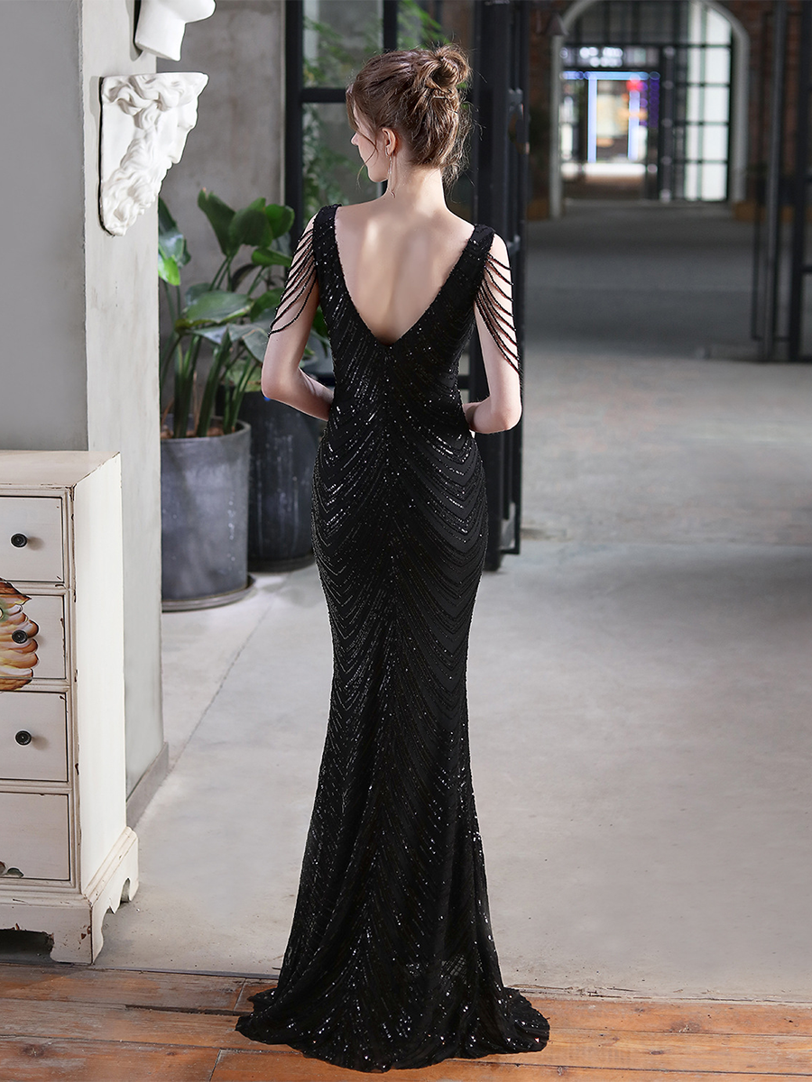 Sleeveless Beads Chain Sequin V-neck Evening Dress