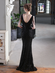 Sleeveless Beads Chain Sequin V-neck Evening Dress
