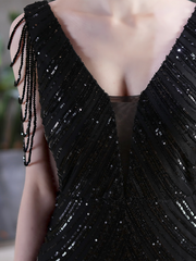 Sleeveless Beads Chain Sequin V-neck Evening Dress