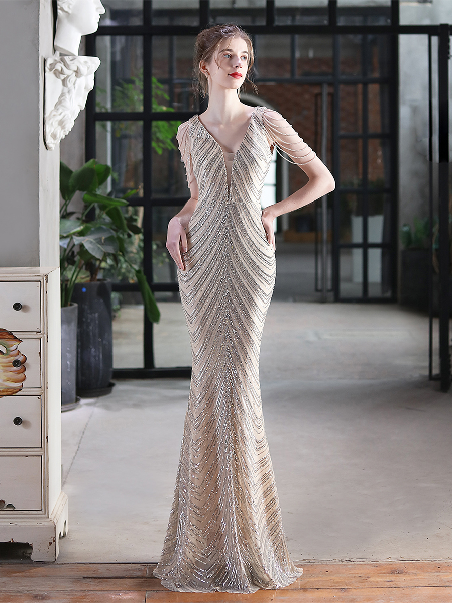 Sleeveless Beads Chain Sequin V-neck Evening Dress