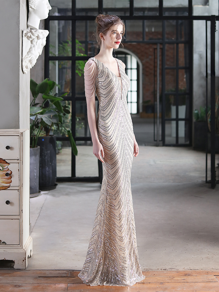 Sleeveless Beads Chain Sequin V-neck Evening Dress