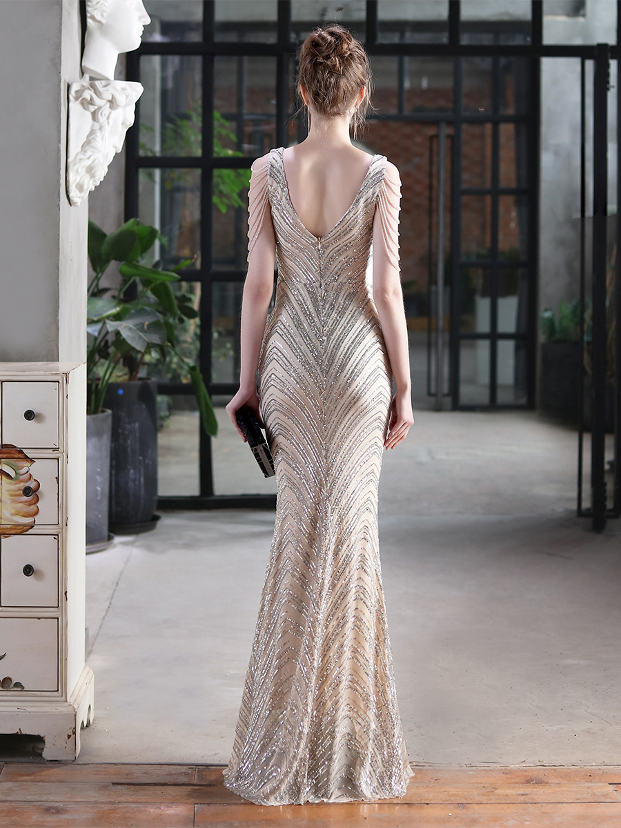 Sleeveless Beads Chain Sequin V-neck Evening Dress