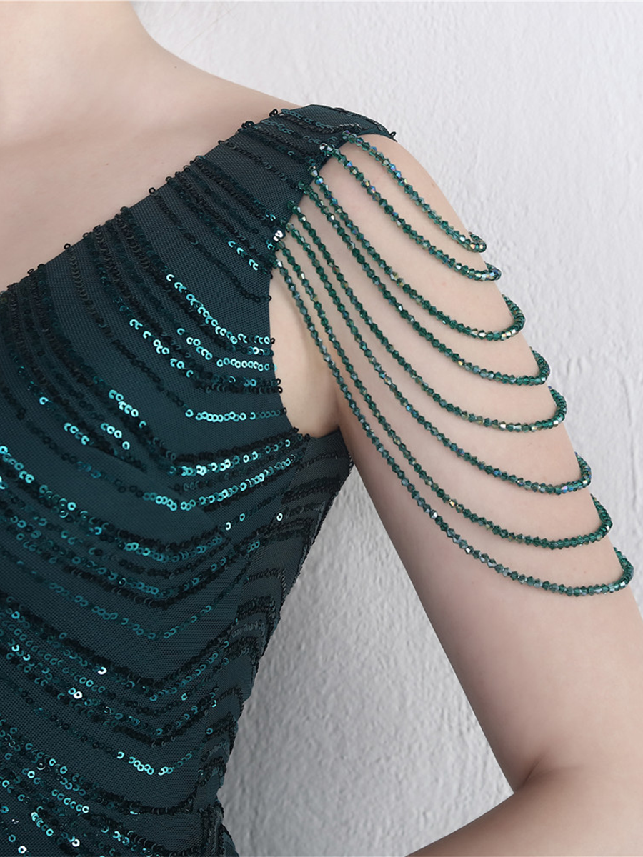 Sleeveless Beads Chain Sequin V-neck Evening Dress