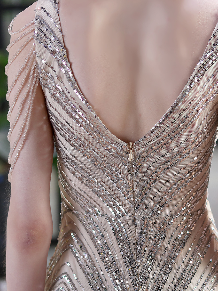 Sleeveless Beads Chain Sequin V-neck Evening Dress