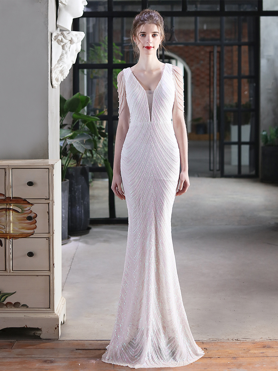 Sleeveless Beads Chain Sequin V-neck Evening Dress
