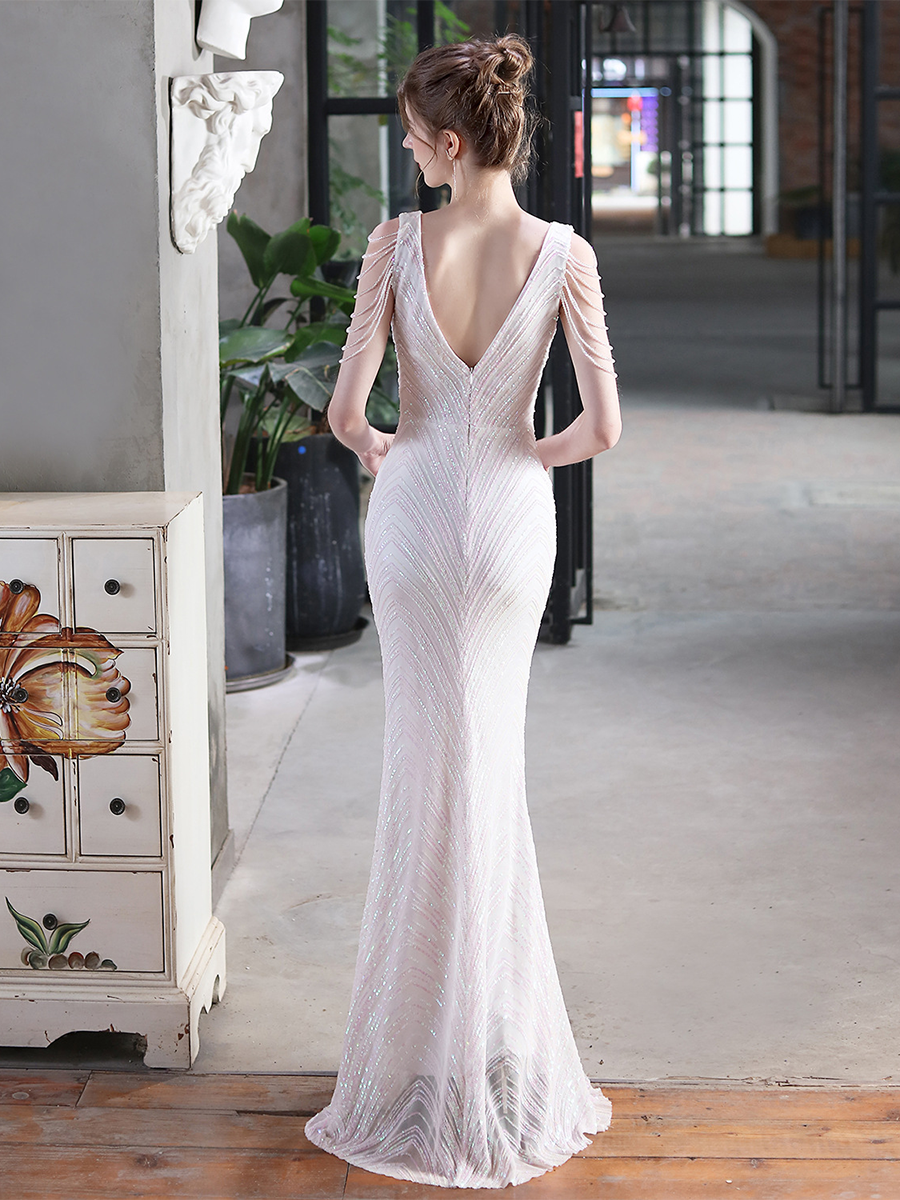 Sleeveless Beads Chain Sequin V-neck Evening Dress