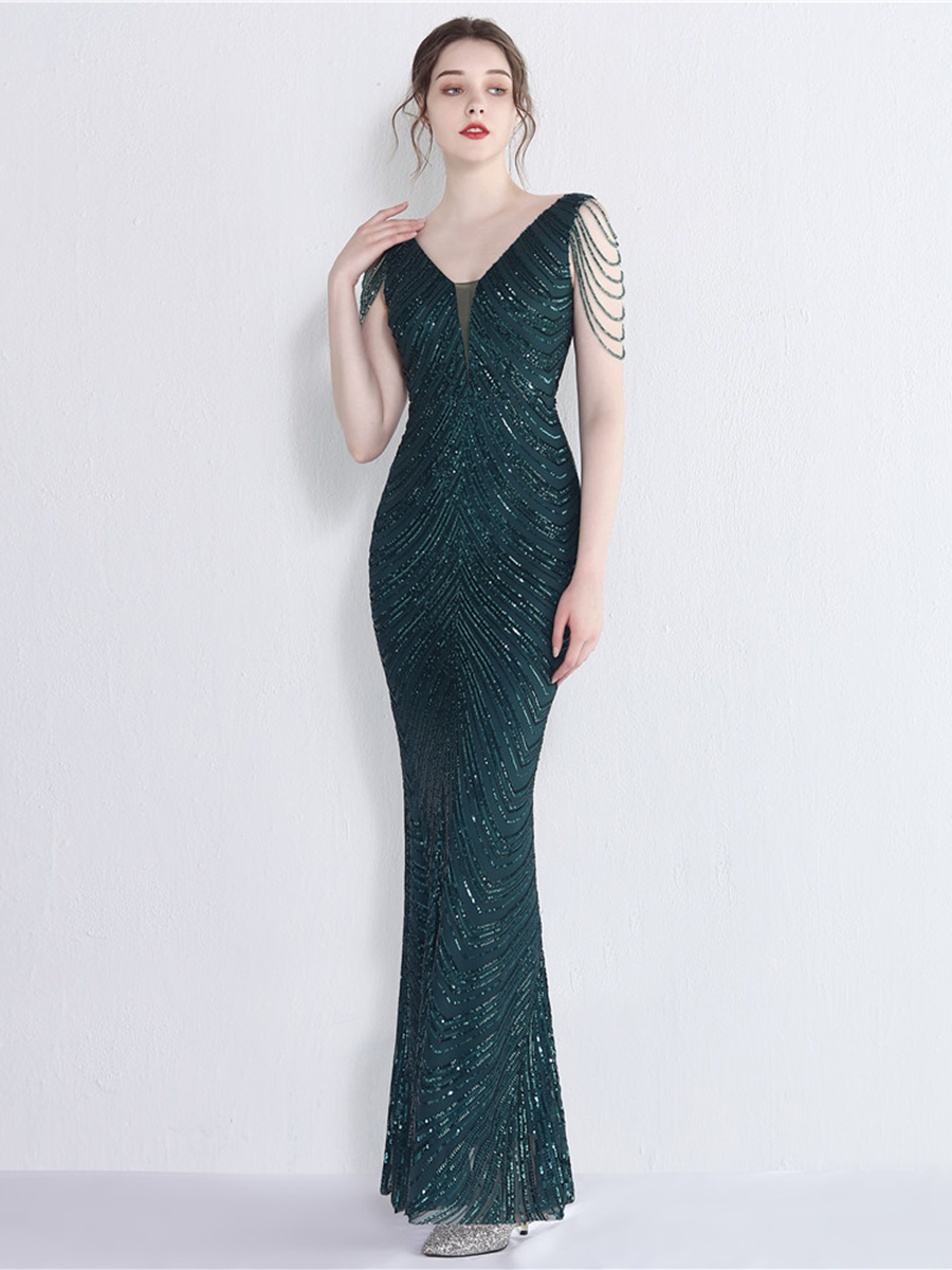 Sleeveless Beads Chain Sequin V-neck Evening Dress