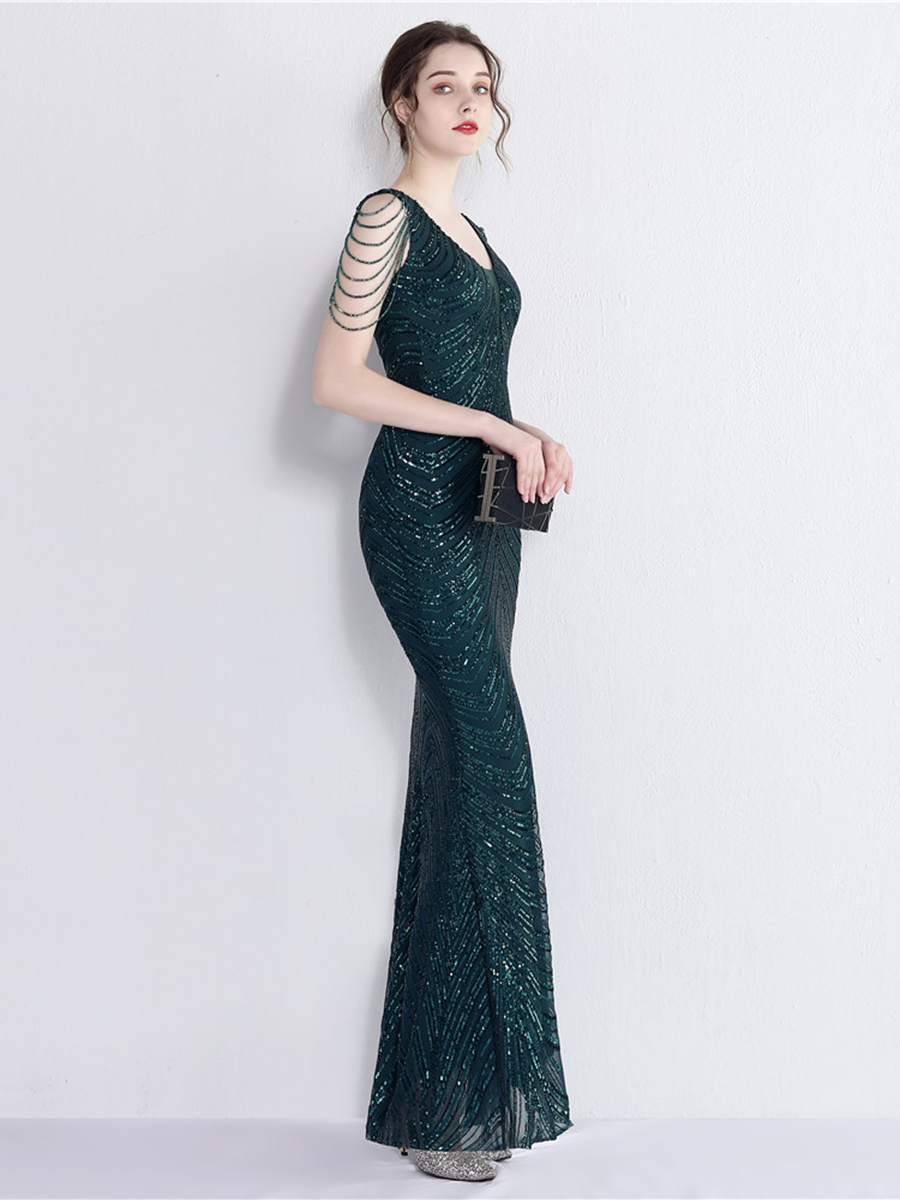 Sleeveless Beads Chain Sequin V-neck Evening Dress