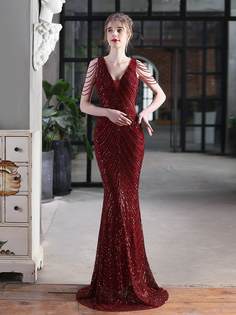 Sleeveless Beads Chain Sequin V-neck Evening Dress