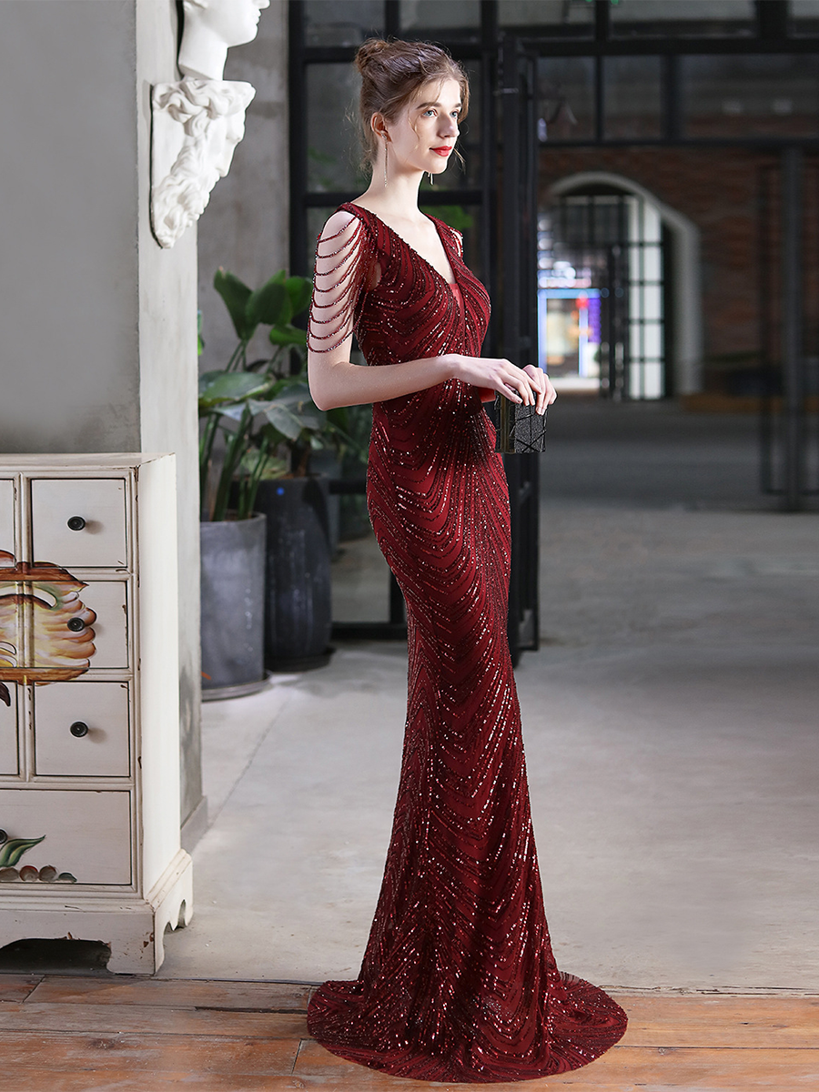 Sleeveless Beads Chain Sequin V-neck Evening Dress