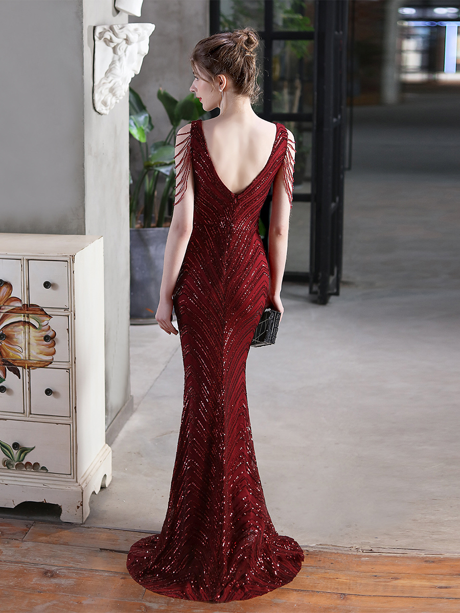 Sleeveless Beads Chain Sequin V-neck Evening Dress