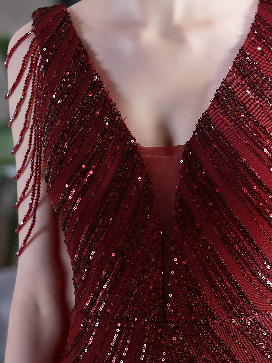 Sleeveless Beads Chain Sequin V-neck Evening Dress