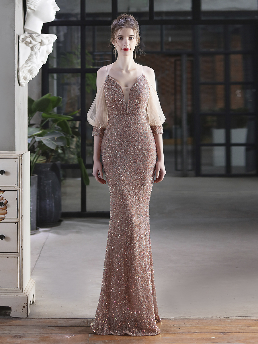 Cold Shoulder Contrast Mesh Puff Sleeve Sequin Wedding Dress