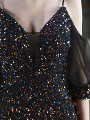 Cold Shoulder Contrast Mesh Puff Sleeve Sequin Wedding Dress