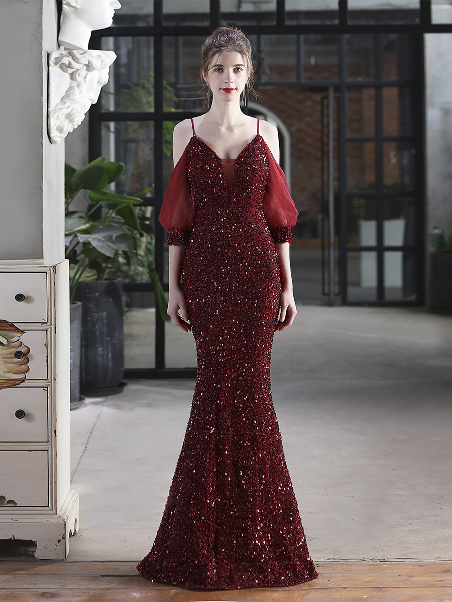 Cold Shoulder Contrast Mesh Puff Sleeve Sequin Wedding Dress