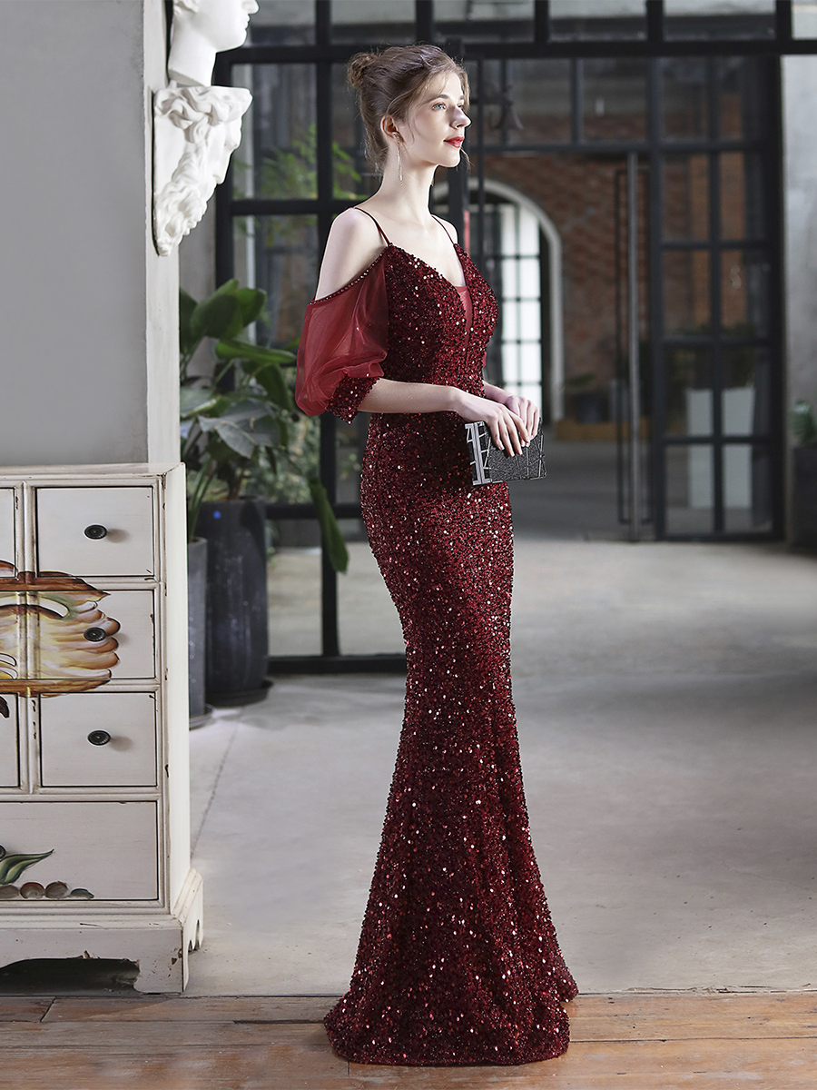 Cold Shoulder Contrast Mesh Puff Sleeve Sequin Wedding Dress