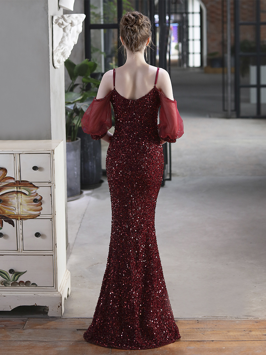 Cold Shoulder Contrast Mesh Puff Sleeve Sequin Wedding Dress