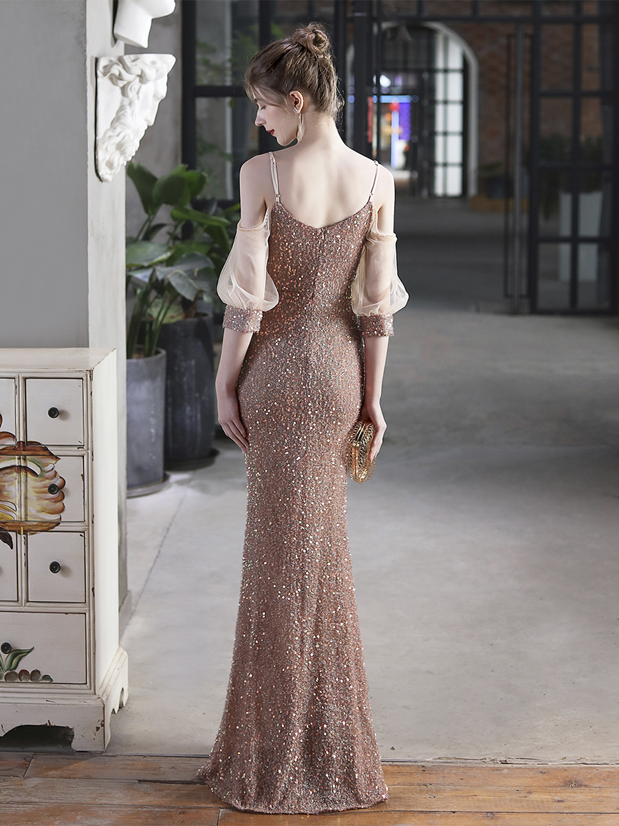 Cold Shoulder Contrast Mesh Puff Sleeve Sequin Wedding Dress