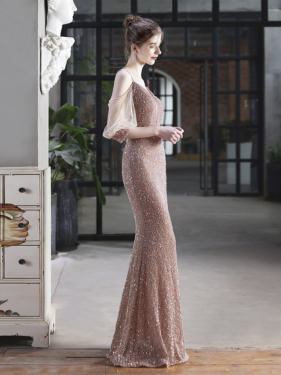Cold Shoulder Contrast Mesh Puff Sleeve Sequin Wedding Dress