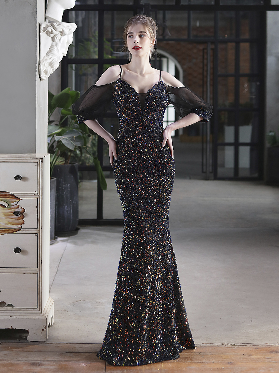Cold Shoulder Contrast Mesh Puff Sleeve Sequin Wedding Dress