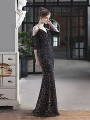 Cold Shoulder Contrast Mesh Puff Sleeve Sequin Wedding Dress