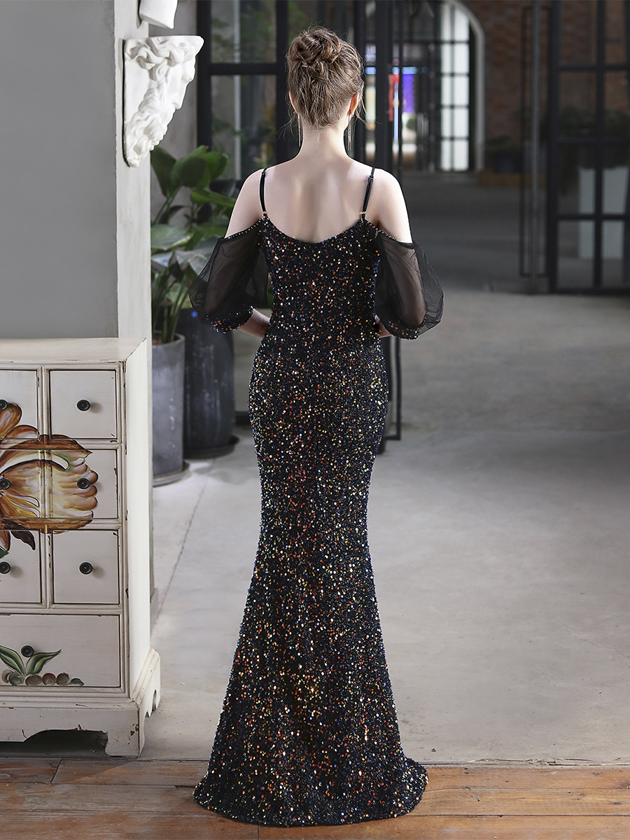 Cold Shoulder Contrast Mesh Puff Sleeve Sequin Wedding Dress
