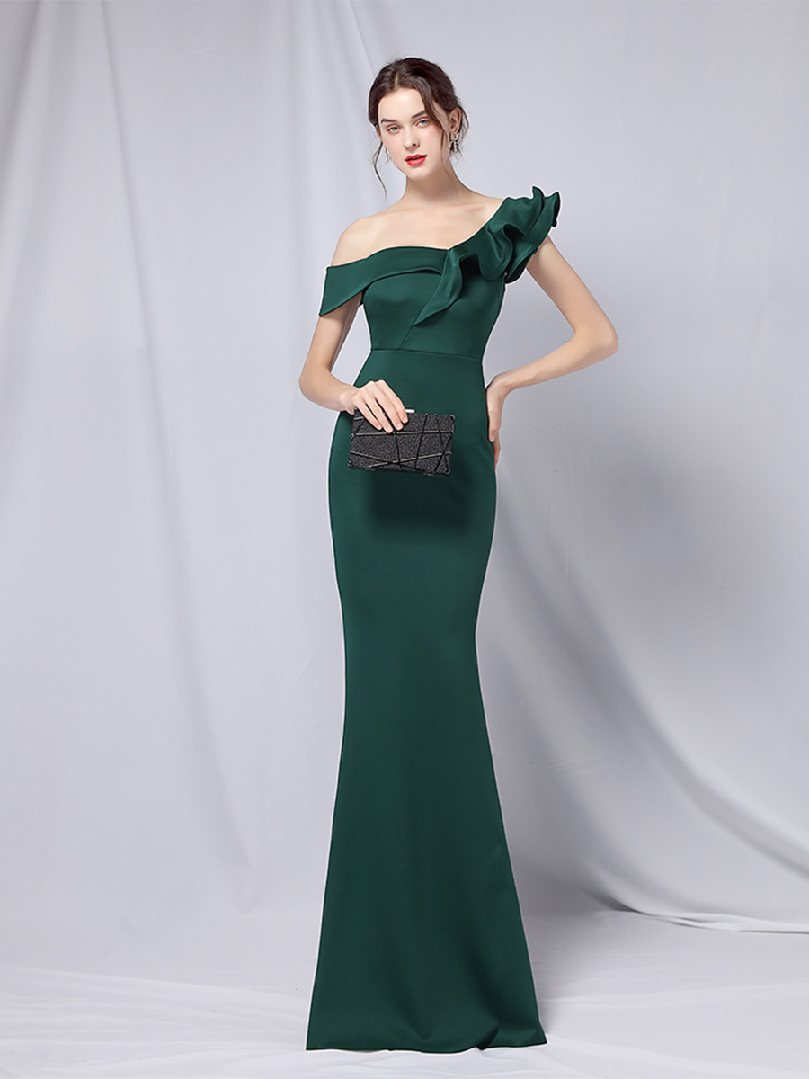Elegant One-Shoulder Ruffle Mermaid Evening Gown