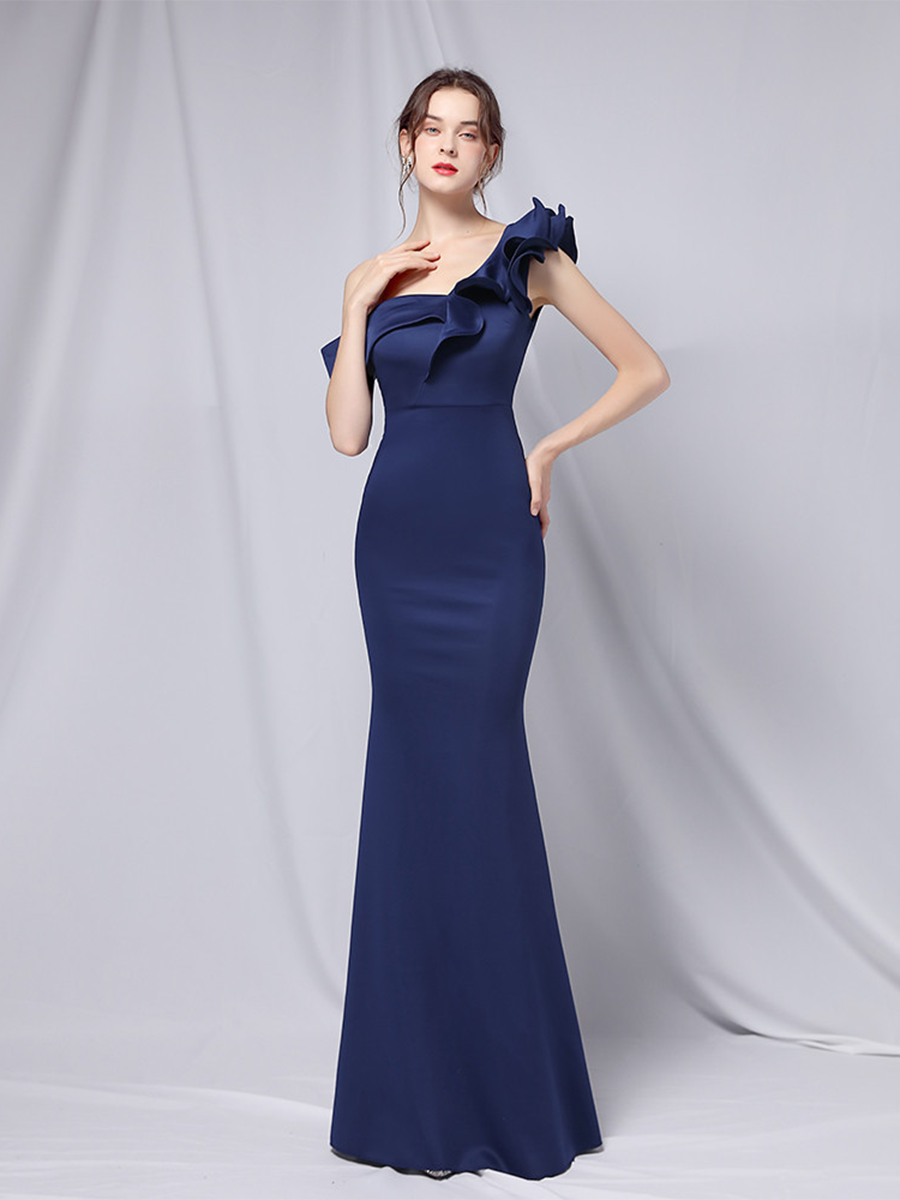Elegant One-Shoulder Ruffle Mermaid Evening Gown
