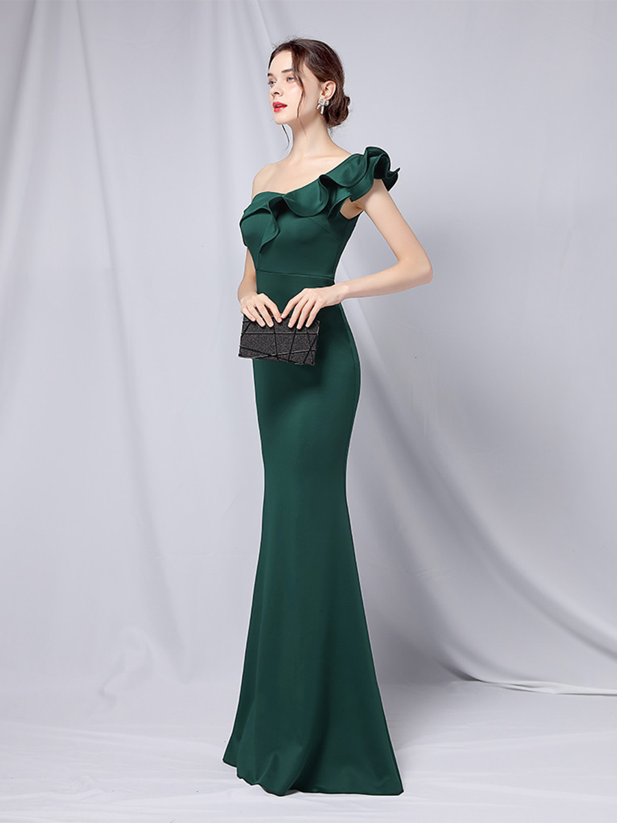 Elegant One-Shoulder Ruffle Mermaid Evening Gown