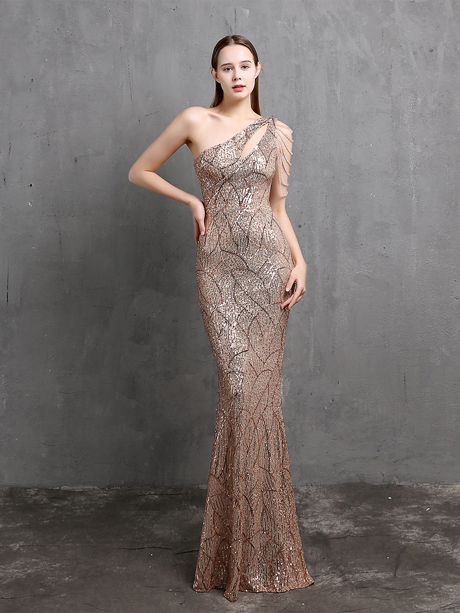 Elegant One-Shoulder Burgundy Sequin Gown